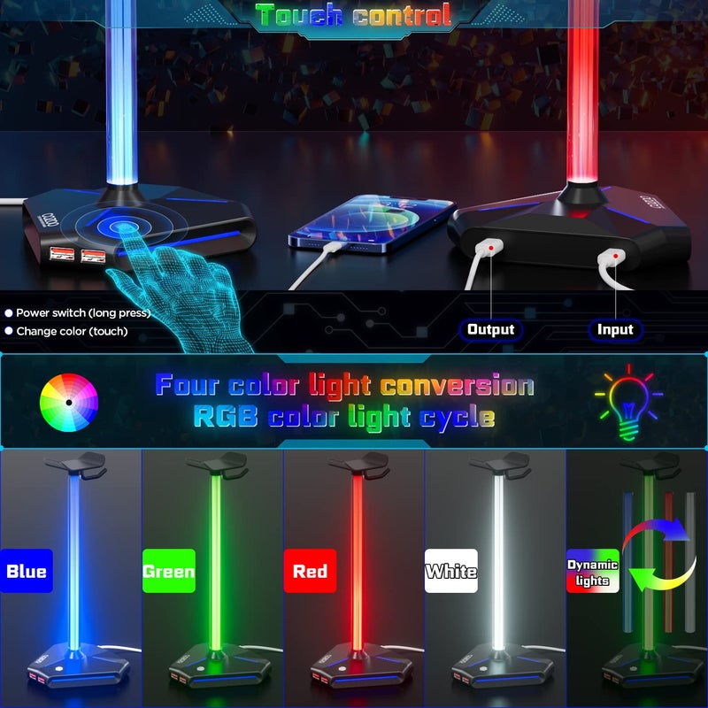 cozoo RGB Headphone Stand with 2 USB2.0 Extension Charging Port Extender Cord,Headset Stand Holder for Gamer Desktop Table Game Earphone Accessories,PC Gaming Accessories for Gamer,Gifts for Boyfriend - Image 3